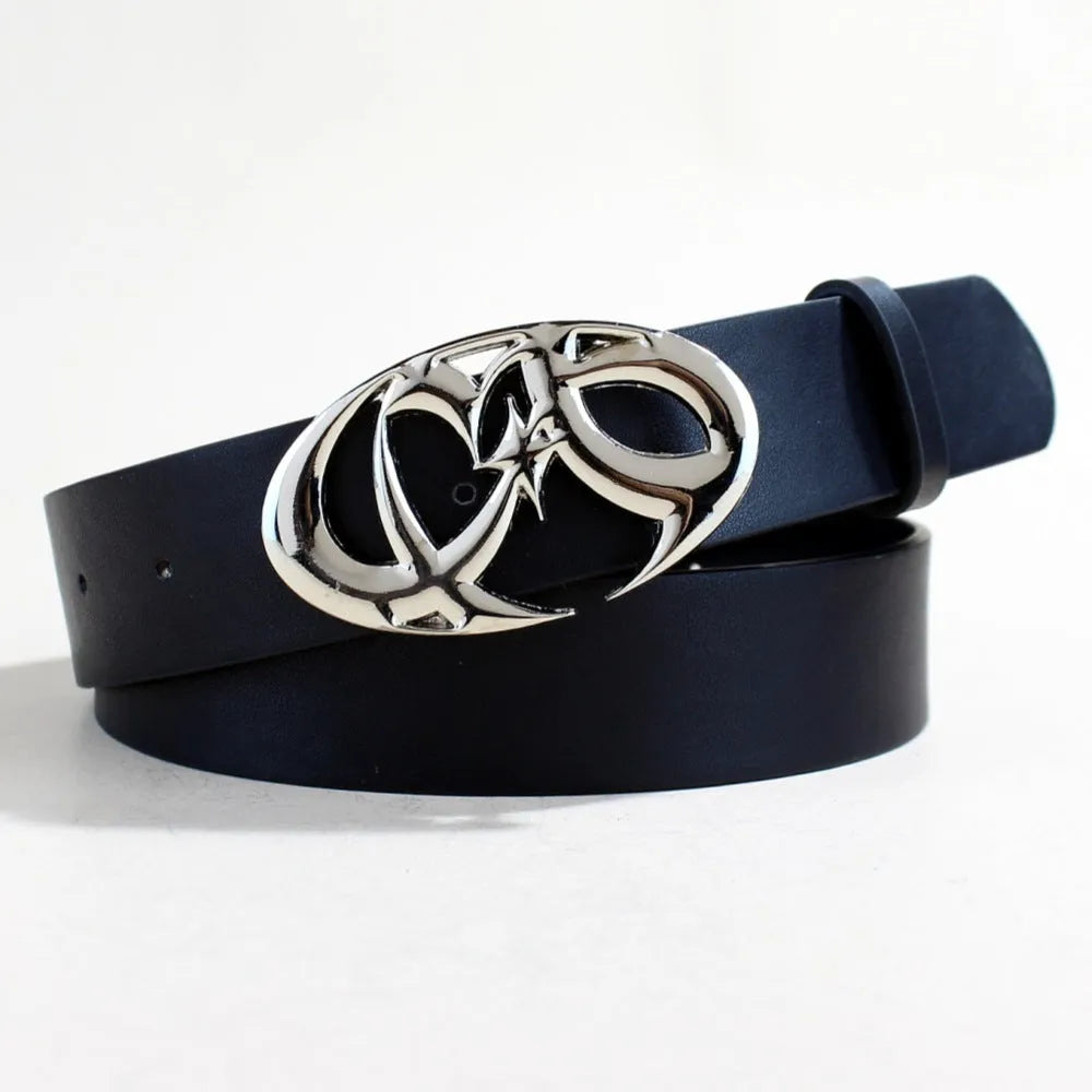 Silver buckle casual PU leather belt with snap button fastening, shown flat.