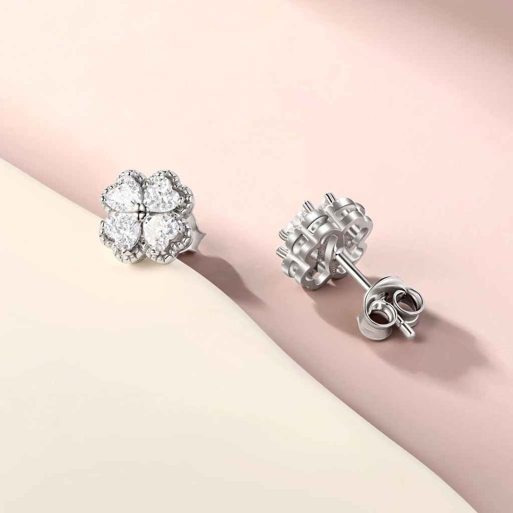 Women's white gold colour heart-shaped 925 silver earrings with zircon stones and four-leaf clover design
