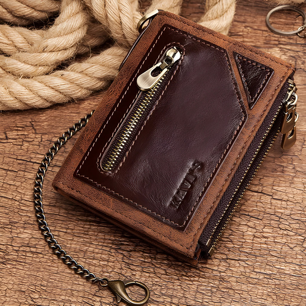 Dark brown genuine cowhide leather men's wallet with a metal anti-theft chain and RFID-blocking technology.