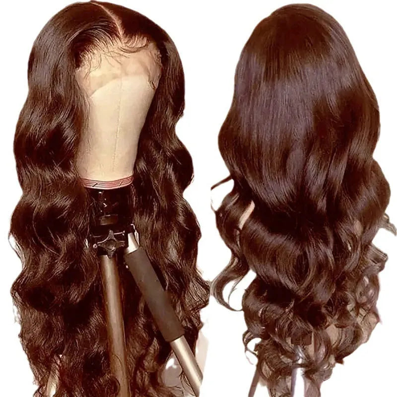 Women's front lace curly wig with side bangs in dark brown synthetic fibre