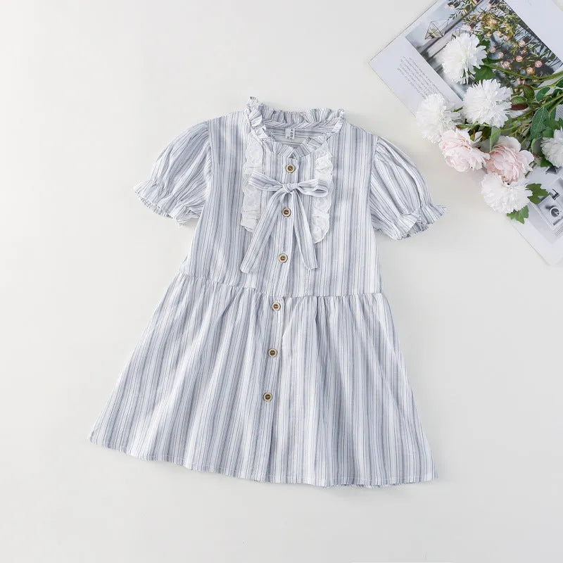 Baby girl short sleeve cotton dress in light blue stripes with A-line skirt and non-slip design, sizes 90cm to 130cm