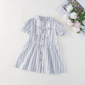 Baby girl short sleeve cotton dress in light blue stripes with A-line skirt and non-slip design, sizes 90cm to 130cm