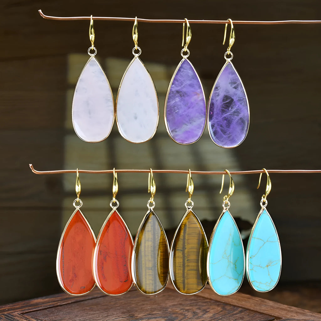 Vintage long water drop stone earrings in five colour options with manual processing