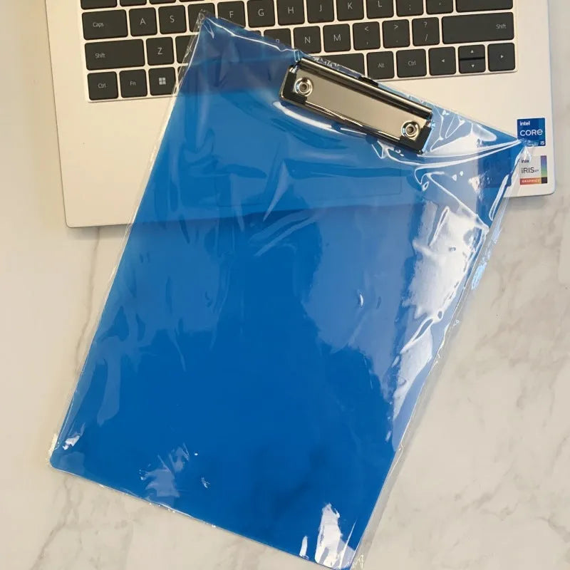 Transparent A4 plastic clipboard with metal clip in blue, green, red or white colour options
