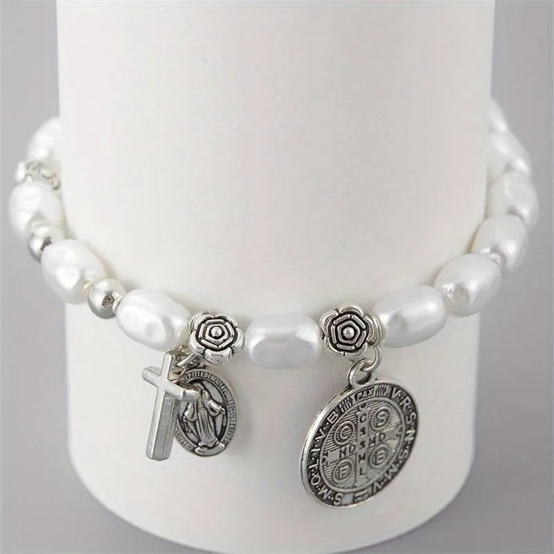 Silver metal beaded flower bracelet for women with retro style and electroplated finish