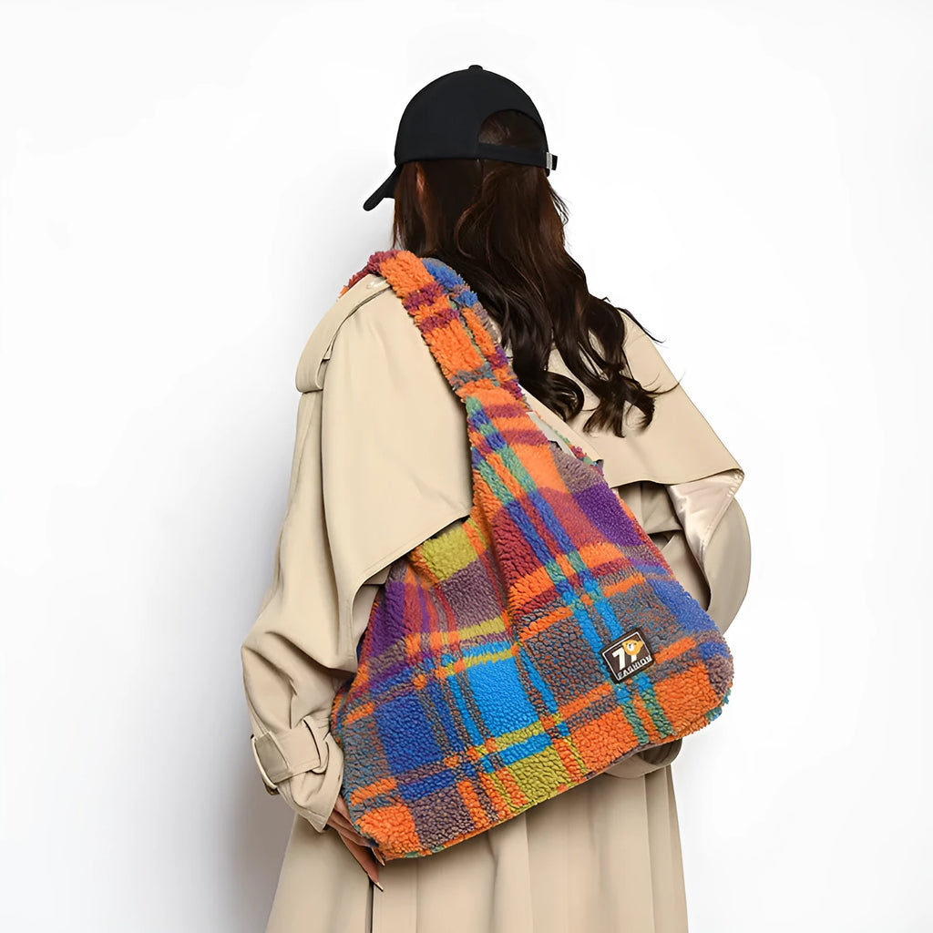 Women's plaid shoulder crossbody tote bag in soft plush material showing orange colour option