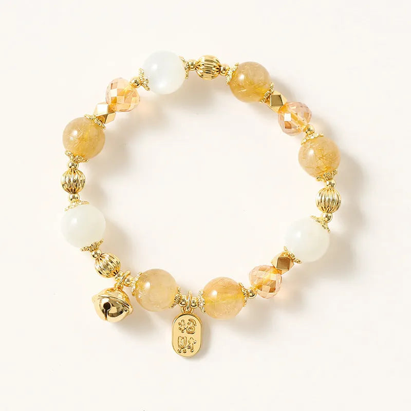 Korean style gold rutilated quartz bracelet with electroplated Lucky Fortune colour crystal jewellery.