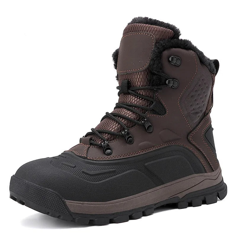 Men's black high-top lace-up boots with fleece lining, shown in plus sizes.