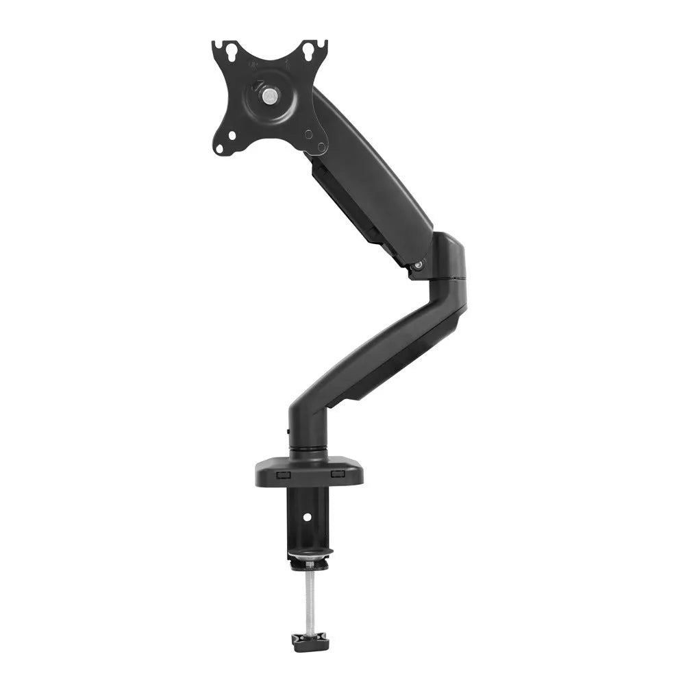 Black rotating telescopic LCD screen bracket on a desk, showing height adjustment and swivel function.