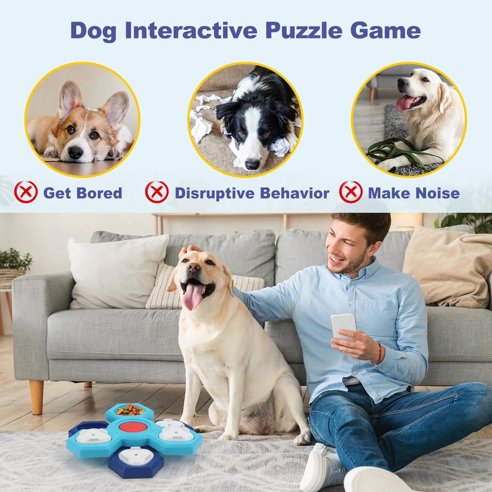 Blue plastic 4-layer slow feeder puzzle dog bowl with non-slip base assembly