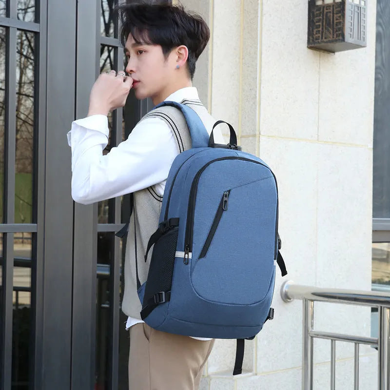 Oxford cloth computer backpack in blue colour showing 20-35L capacity and street trend style