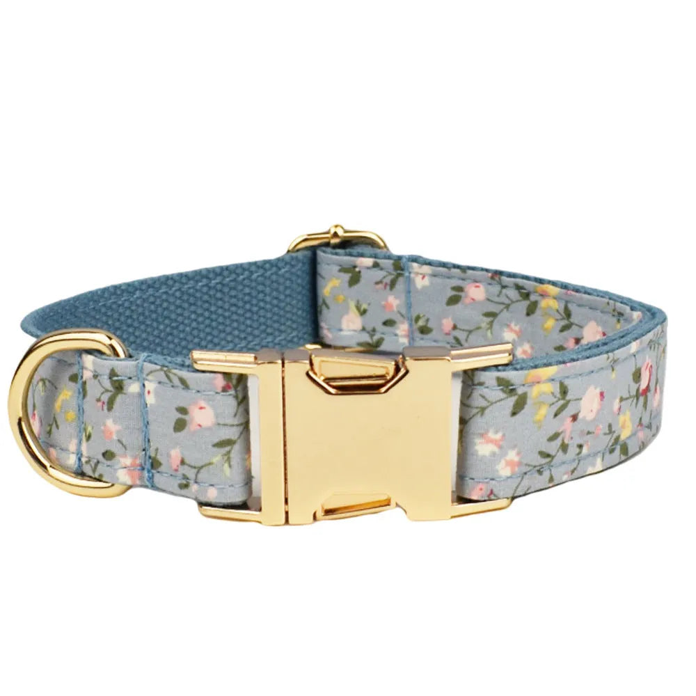 Blue floral polyester cotton dog collar set with matching leash, bow, vest and accessories