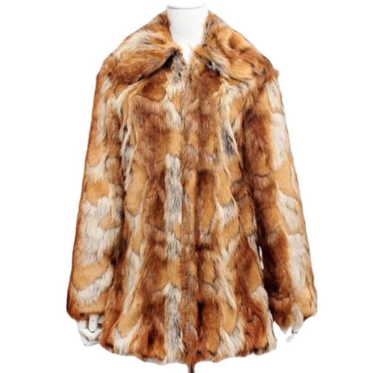 Women's slim faux fur leather jacket in a black and orange tiger pattern, showing long sleeves and medium length.