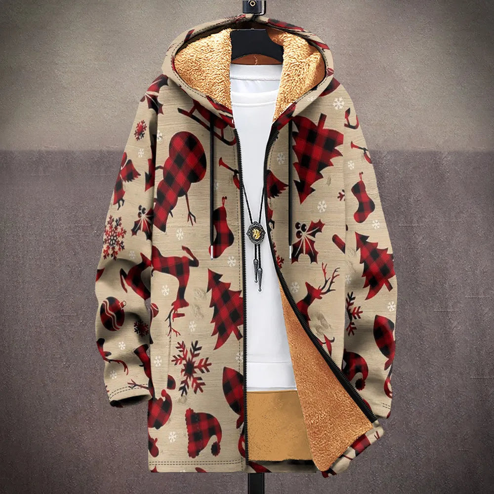 Man wearing a multicolour patterned zip-up hooded cardigan in a loose fit style.