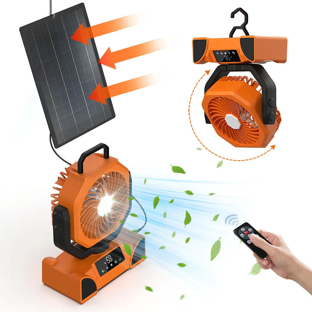 Portable rechargeable fan with remote control, shaking head, light and mobile power in F6 orange, army green or black