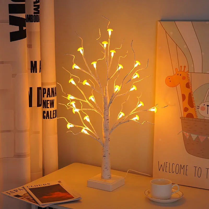 60cm tall LED mushroom tree lamp with 24 warm white flowers on Birch-style branches