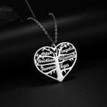 Custom stainless steel name necklace featuring a hollow heart and detailed life tree pendant in silver, gold, or rose gold.