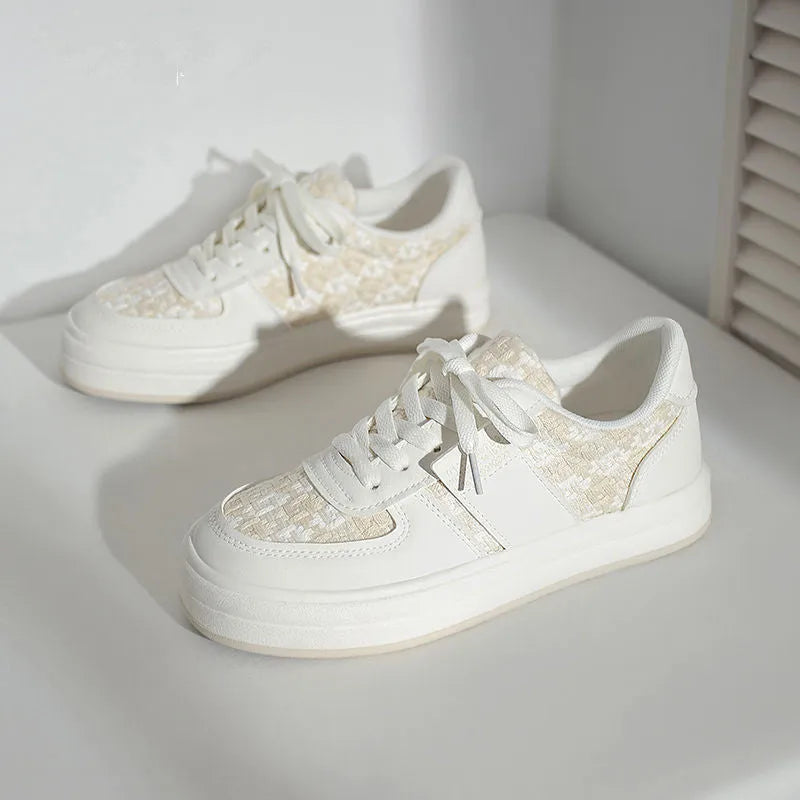 Beige plaid platform leisure sports shoes with round toe and white rubber sole.