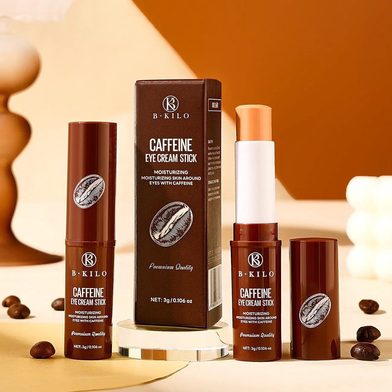 Caffeine eye cream stick with 3g net content for hydrating and reducing fine lines and dark circles