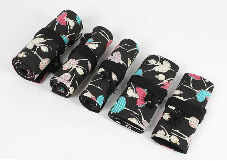 Square canvas rolling pencil case with ballet girl print design showing multiple pencil capacity options