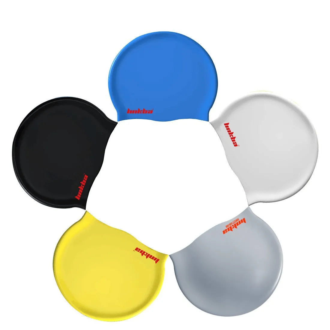 Silicone swimming cap with earmuff design in multiple colours including black, white, yellow, blue and grey