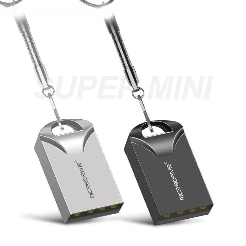 Mini metal USB flash drive in black and silver showing compact 23x12x8mm size