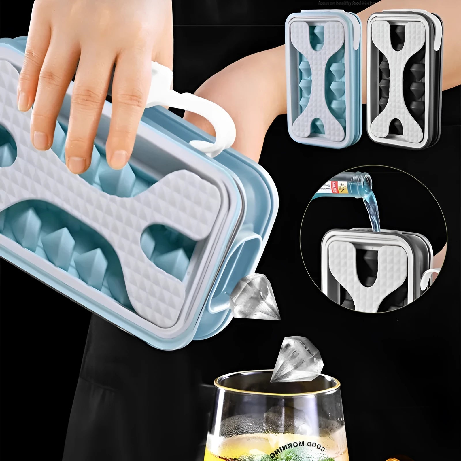 2in1 silicone ice ball mold ice maker water bottle in light grey, sky blue, and white