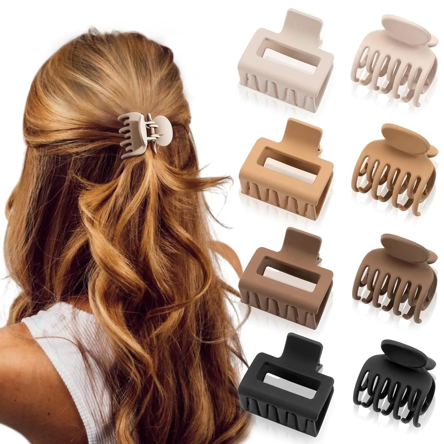 Six rose red and nude plastic hair clips with frosted grips and a quadrilateral shape.