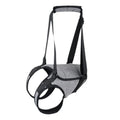 Grey neoprene dog rear leg recovery belt showing adjustable waist and thigh straps on a size chart.