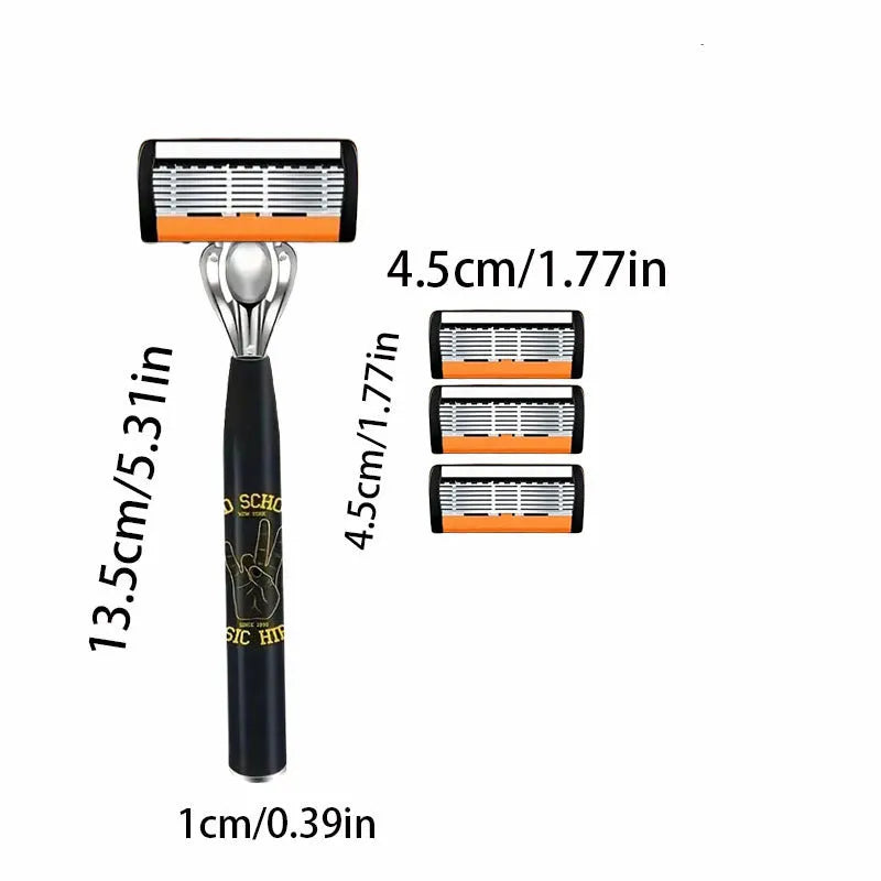 Black manual shaver handle with six-layer cutter head and various blade refill packs