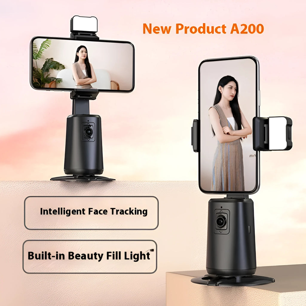 Black desktop phone bracket with face tracking, rotating camera head, and ribbon lighting for mobile phones