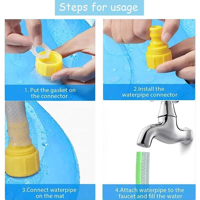 Anti-slip dog splash pad and swimming mat outdoor toy in a garden setting.