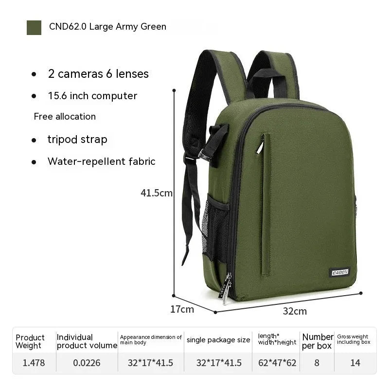Casual solid colour polyester DSLR camera bag backpack with curved shoulder strap for 14-inch notebook storage