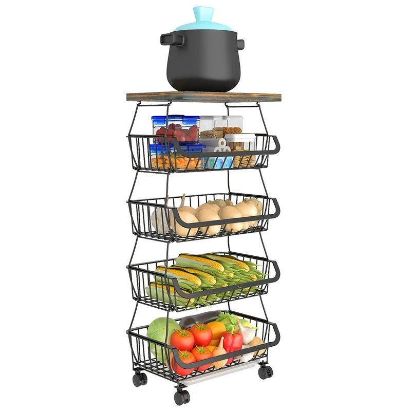 Black six-layer freestanding kitchen storage rack floor trolley with carbon steel frame