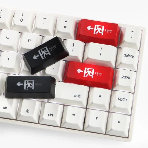 Transparent safety evacuation keycap with emergency exit symbol for mechanical keyboards