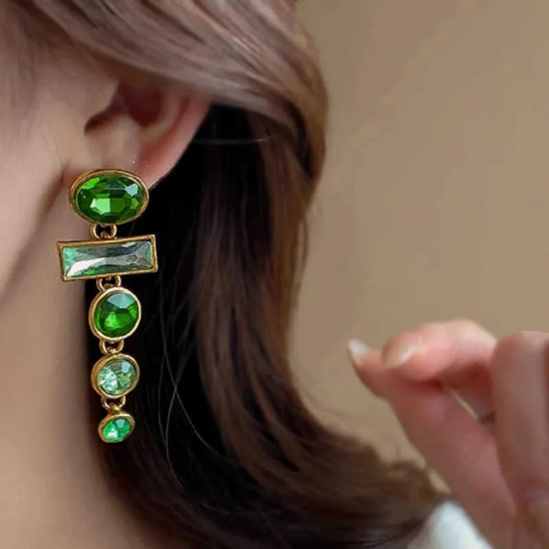 Green gradient geometric Chinese style earrings with zircon inlay and tassel details