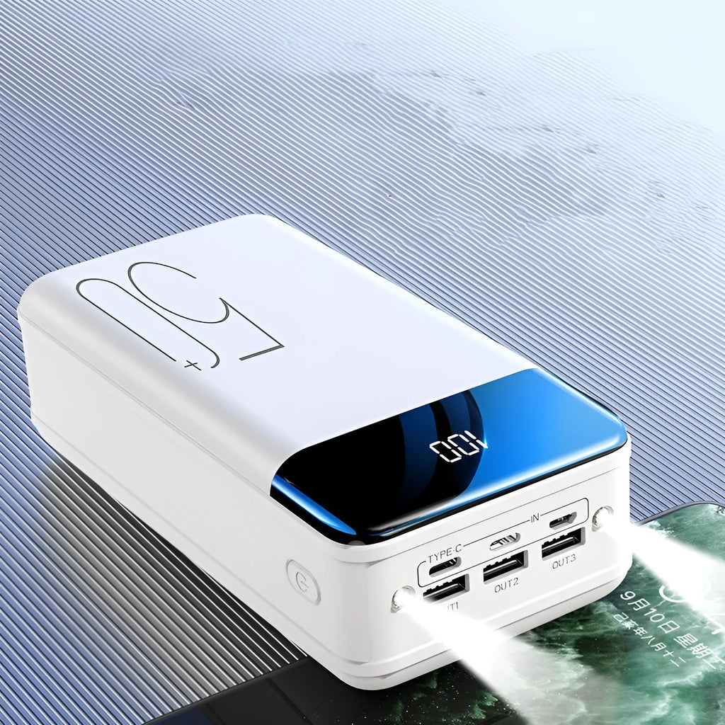 Large capacity 50000 mAh power bank in black or white with three charging ports
