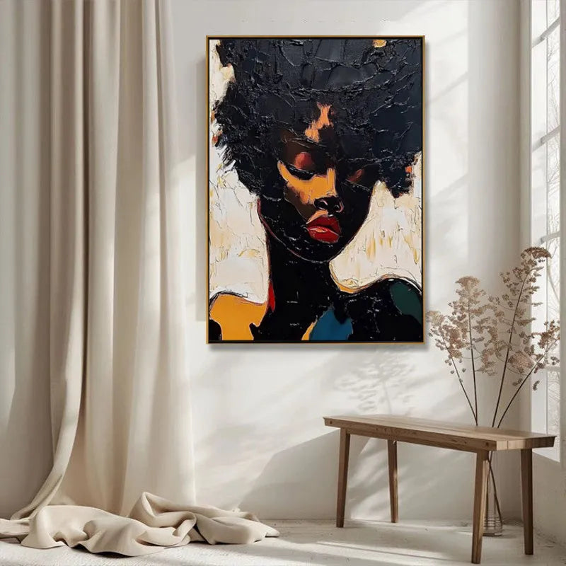 Hand-painted oil painting on canvas of an African woman in abstract graffiti street art style, vertical one-panel wall art.