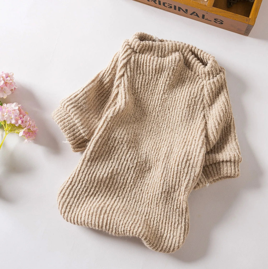 Brown knitted dog sweater pullover for small breeds like Bichon or Pomeranian on a white background