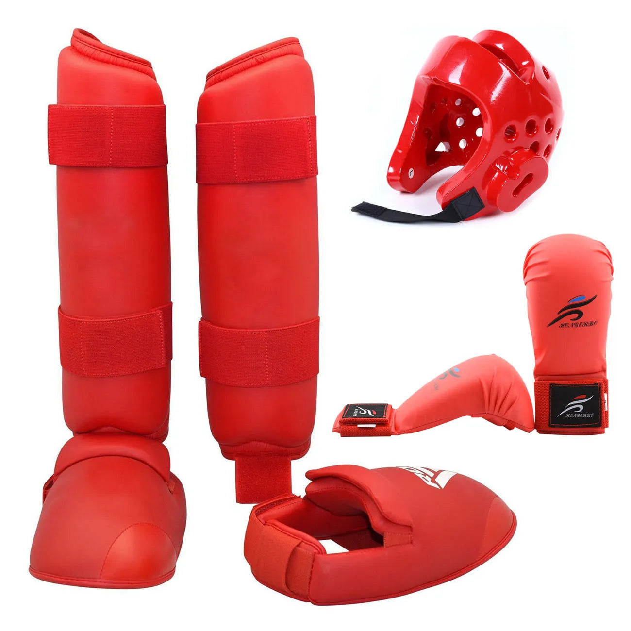 Red and blue karate protective gear set with leg guards, helmet and boxing gloves