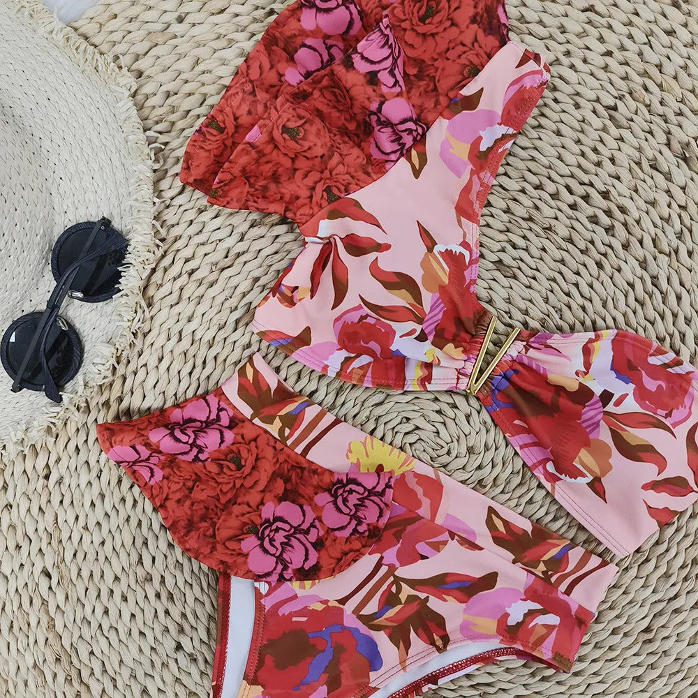 Women's one-shoulder ruffled swimsuit with high-waisted briefs in pink red flower pattern