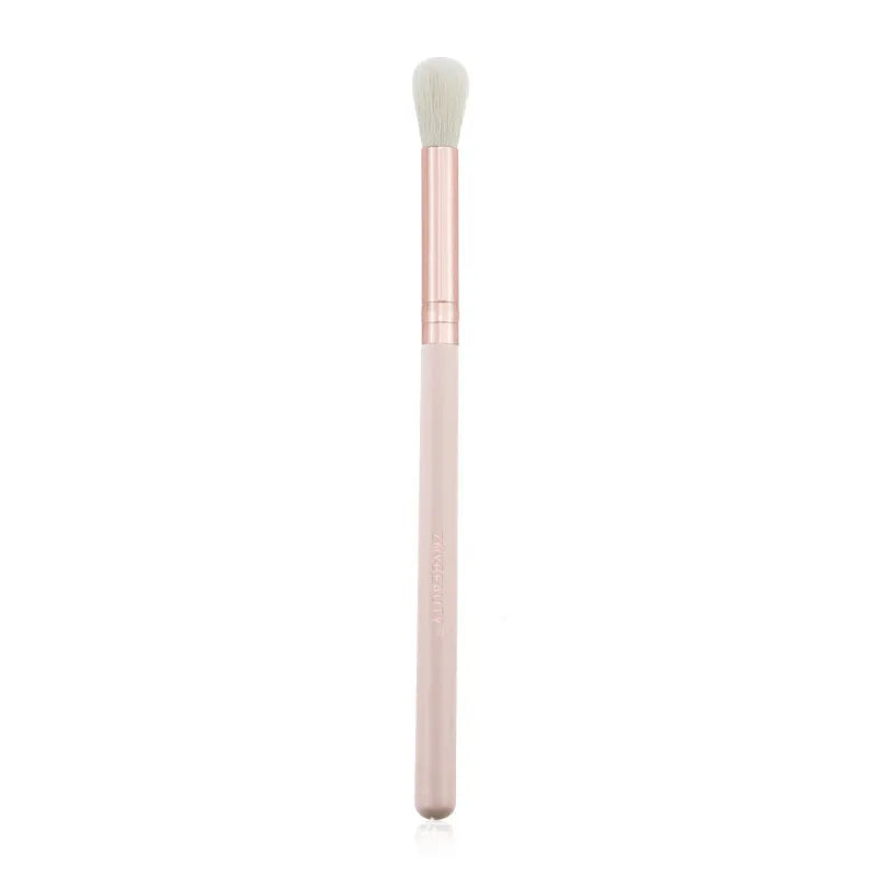26 pink makeup brushes with wool bristles and wooden handles in storage bag