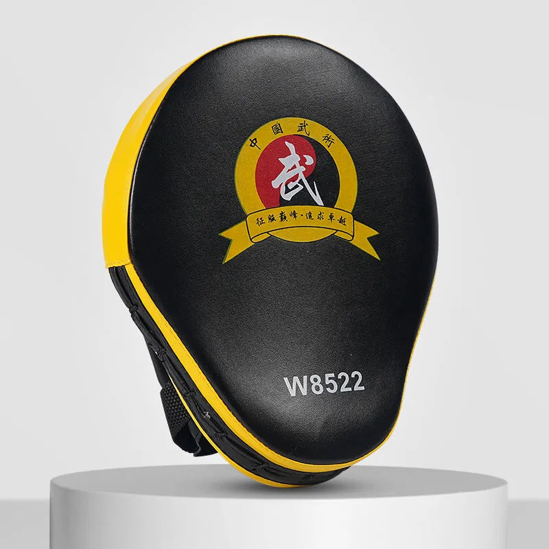 PU leather boxing punch mitts for martial arts training in red, black, blue, and yellow colour options.