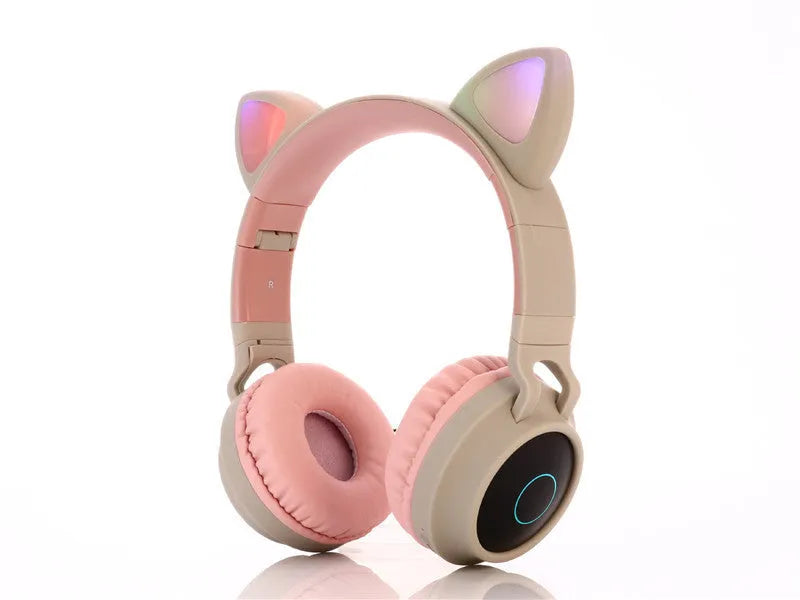 Cartoon cat ears wireless Bluetooth gaming headset in multiple colours on a stand