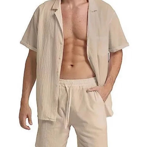 Men's flax summer sports shorts suit in army green with short-sleeved top and matching trousers