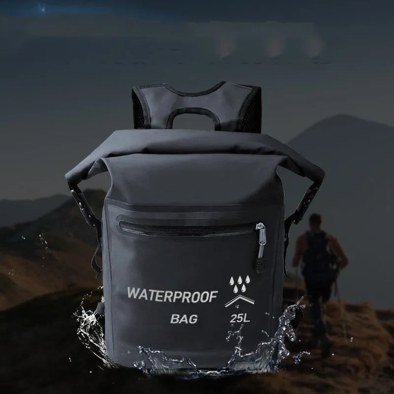 Black 25 litre waterproof backpack for outdoor swimming and water activities