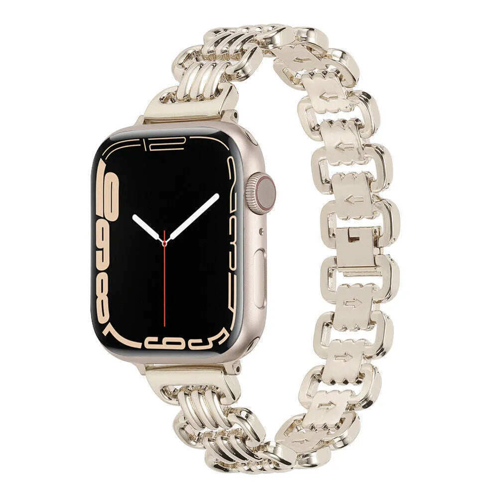 Alloy metal ladies watch bracelet for Apple Watch in silver, black, gold, rose gold, and Starlight colours.
