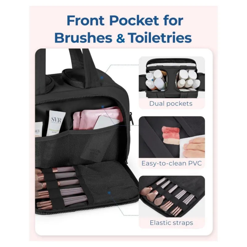 Large lightweight polyester travel toiletry bag in black, open to show spacious interior.