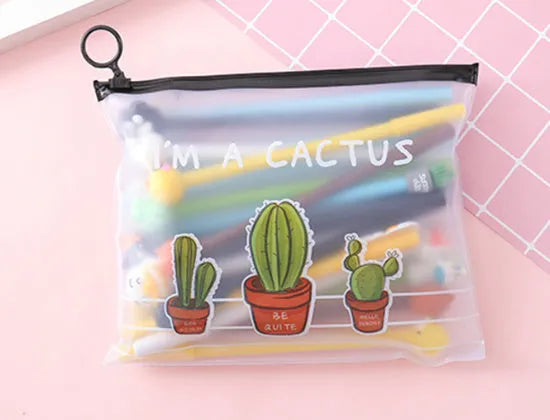 20 black cartoon cactus design pens with 0.5mm tips and a matching plastic pen case.