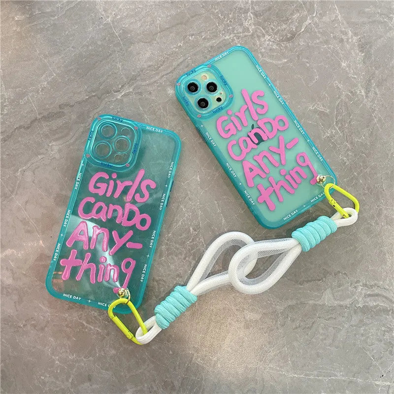 Graffiti artwork phone case for iPhone with lanyard attachment in mint green colour